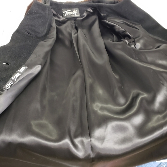 Vtg Townly Wool Dress Coat Mink Fur Collar Black L Satin Lined EUC Mid Century - Picture 7 of 16